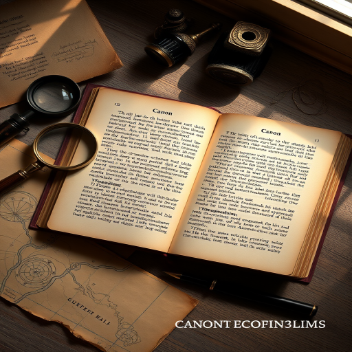 Create a flat lay image of an open antique book with visible text, accompanied by a vintage magnifying glass, an ornate ink bottle, a parchment map, and a stylish pen, shot with a Canon EOS R5, 35mm lens, f/2.8 aperture, ISO 100, natural light from a window for soft shadows and an atmospheric mood.
