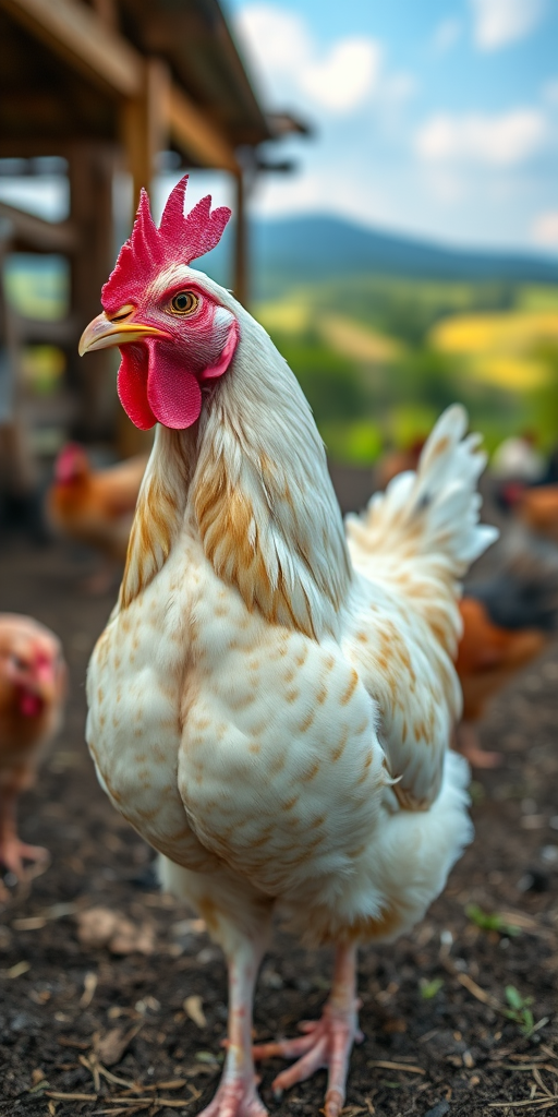 create a detailed image of a chicken in a farm setting, use a Canon EOS R5 camera with a 50mm lens at f/1.8, ISO 100, shot in natural light, focus on the chicken's feathers and natural colors, include a blurred background of a rural landscape.