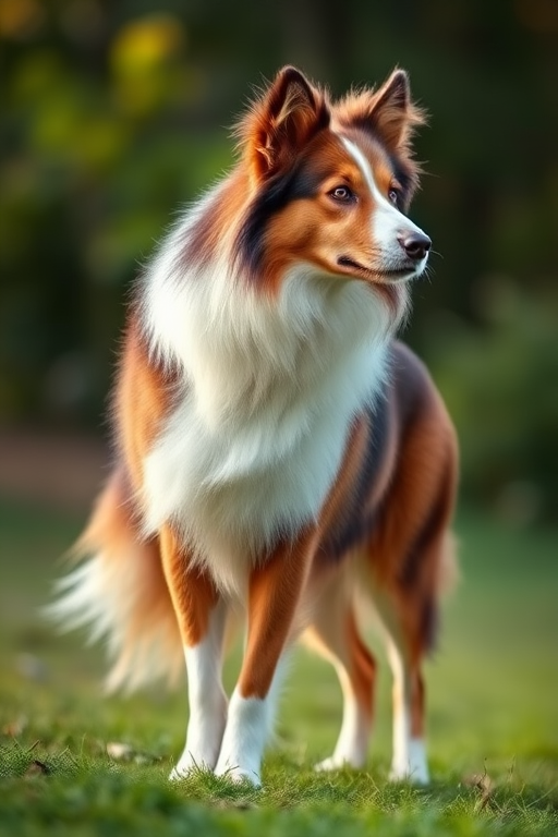 Generate a high-quality artistic representation of a collie dog standing gracefully, using a wide-angle lens with an aperture of f/2.8, in natural lighting, captured with a DSLR camera from a side view.