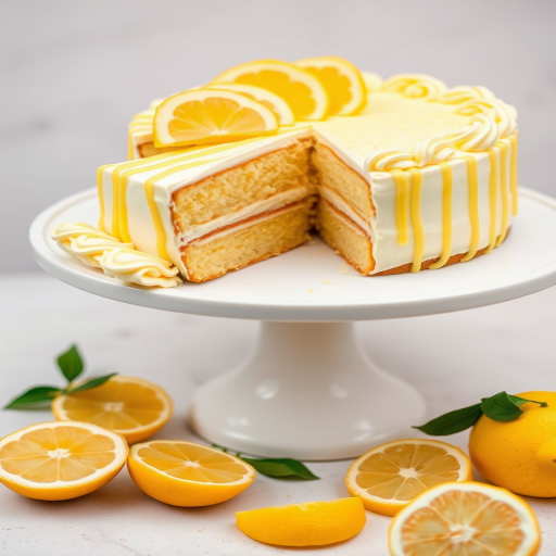 A beautifully decorated lemon cake with yellow and white striped frosting cut into slices on a white cake stand surrounded by lemon wedges and a soft background.