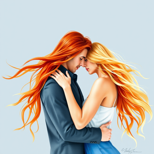 Create a high-resolution watercolor-style image of a couple embracing intimately, with flowing orange hair and blonde hair against a soft blue background, shot with a DSLR camera at f/2.8 aperture, ISO 100, with a 50mm lens at a slightly elevated angle to capture depth and emotion.