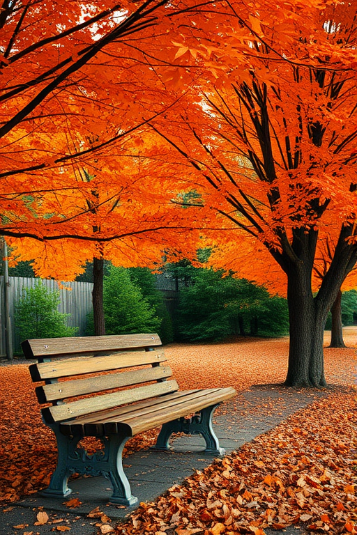 A serene autumn scene featuring a wooden bench under vibrant orange maple trees, surrounded by fallen leaves, captured with a DSLR camera at f/4, ISO 100, 1/250s, using a wide-angle lens to enhance depth and perspective.