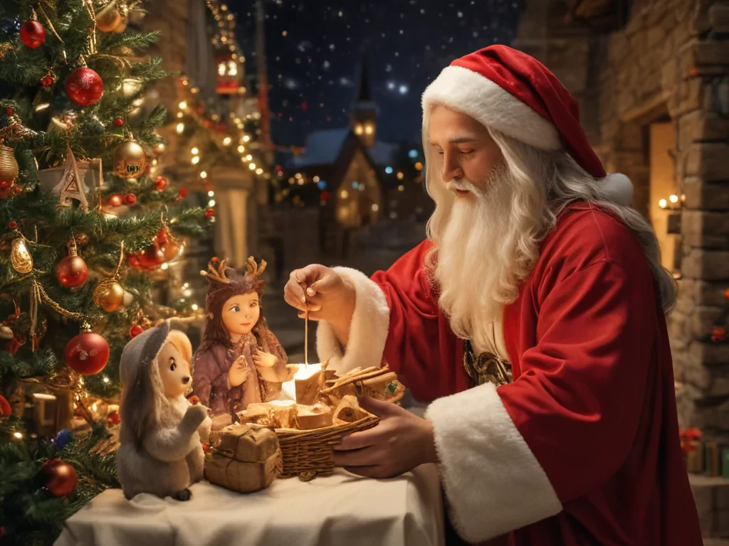 Santa Claus Joyfully Prepares Holiday Treats in a Festive Winter Wonderland