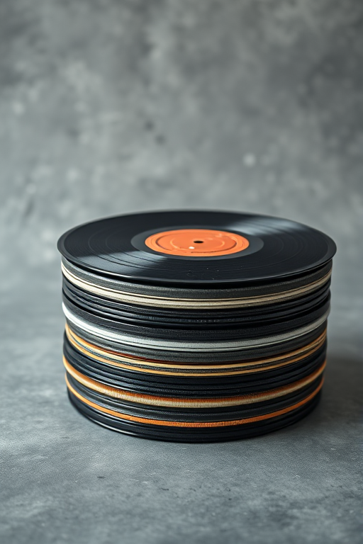 high-resolution image of a stack of vintage vinyl records on a textured gray background, taken with a DSLR camera, 50mm lens, f/2.8 aperture, ISO 100, natural lighting, shallow depth of field, slightly angled view to highlight the shape and details of the records