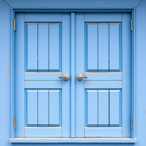 regenerate an image of a blue wooden window with two panels and round handles, high resolution, 50mm lens, f/1.8 aperture, natural lighting, front view, digital photography, DSLR camera