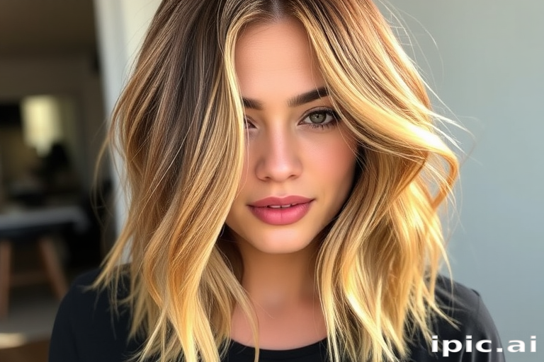 Chic caramel balayage lob dubbed "Golden Hour Glow" with textured wavy layers, rich honey-toned highlights framing face, sun-kissed effect throughout, tousled beachy texture, effortlessly stylish appearance