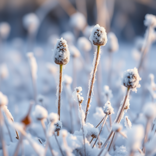 Capture a close-up shot of frost-covered plants in a soft, snowy landscape using a DSLR camera with a 50mm lens, aperture set to f/2.8 for shallow depth of field, ISO 100, and shutter speed of 1/200 sec to enhance detail and clarity.