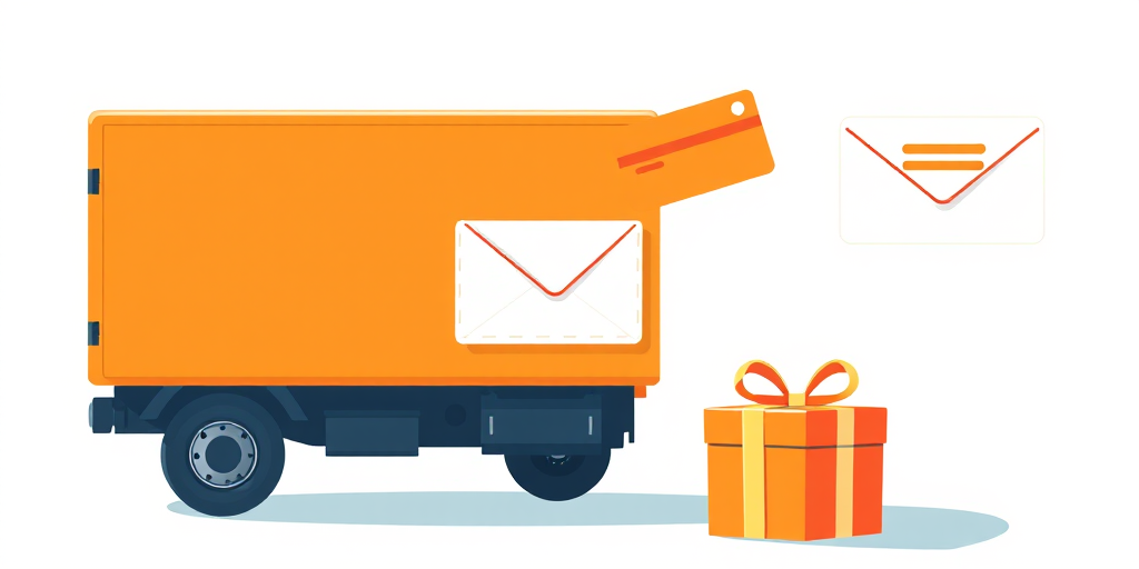 Create a high-resolution digital illustration featuring an orange delivery truck, a credit card, an envelope, a gift box, and an SMS notification; use a 50mm lens, f/2.8 aperture, 1/250 shutter speed, and soft natural lighting for a clean, modern look.