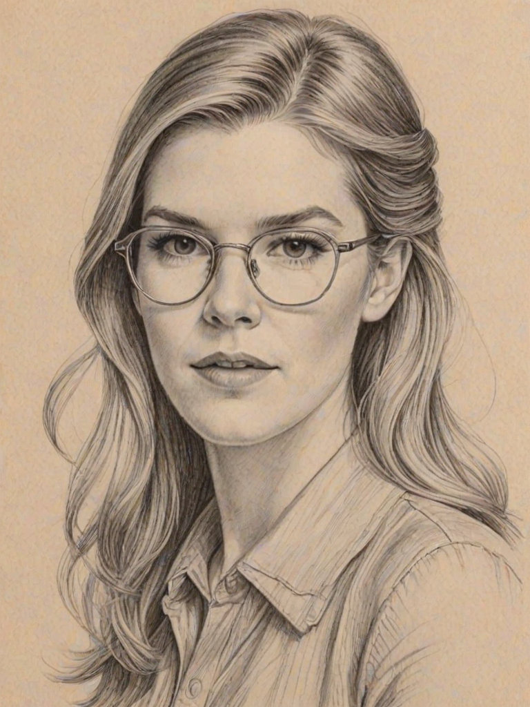 Graceful Lily Rabe, pencil sketch, portrait of Lovely woman 1972s in glasses, hair style beatnik, outline, clear lines, fine lines, 8k