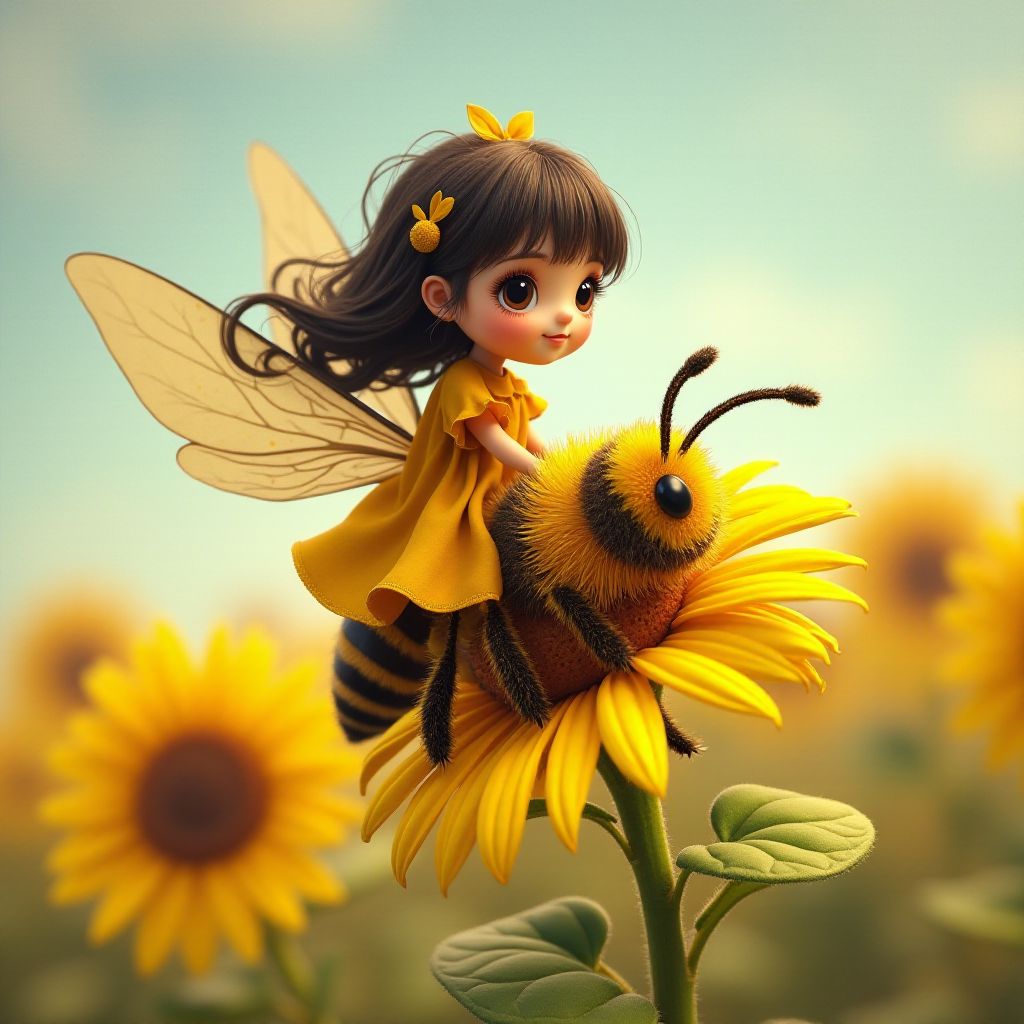 a whimsical cute girl with big eyes, big hair and flowing dress, riding astride a bumble bee, and flying across the top of the sunflower, which are just waking up, and catching dew drop of rain