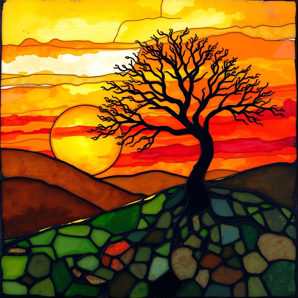 A vibrant abstract painting on Tiffany Glass, blending acrylic and alcohol ink techniques, captures a dramatic sunset over rolling hills. The artwork features a textured, rocky foreground in green and brown, layered abstract hills, and a striking sunset in rich oranges, yellows, and reds. A solitary black tree with intricate branches contrasts against the fiery sky, creating a dynamic and expressive portrayal of a breathtaking natural scene.