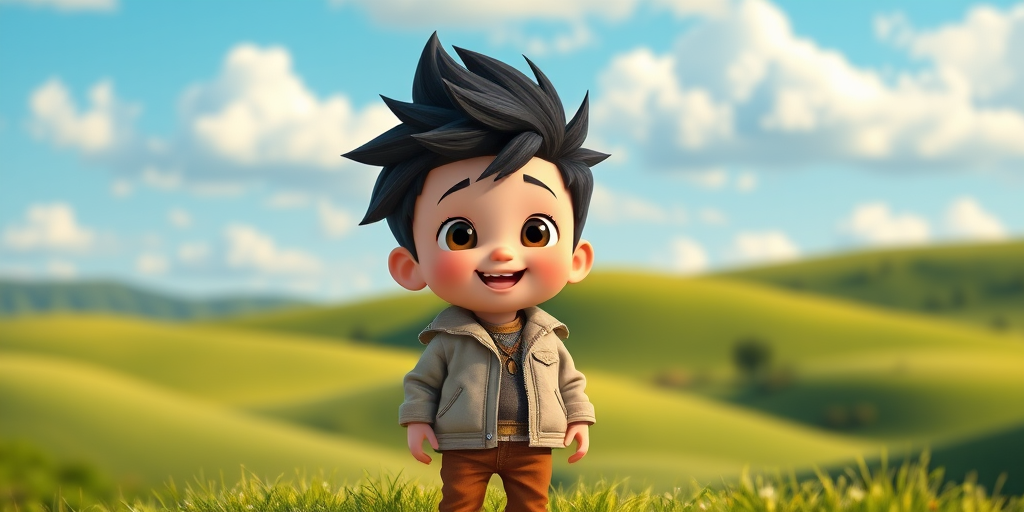Create a cute cartoon character of a young boy with spiky black hair, wearing a light jacket and brown pants, standing happily in a colorful landscape with rolling green hills and a blue sky adorned with fluffy white clouds, captured with a DSLR camera at f/2.8 aperture, 50mm lens, ISO 100, natural lighting, vibrant colors, and a slightly shallow depth of field for enhanced focus on the character.