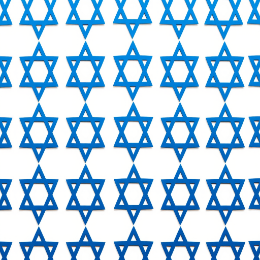 Create a repeating pattern of large blue Star of David shapes on a white background, shot with a Canon EOS 5D Mark IV, 50mm lens, aperture f/8, ISO 100, in a flat lay style for even lighting and a clean composition.