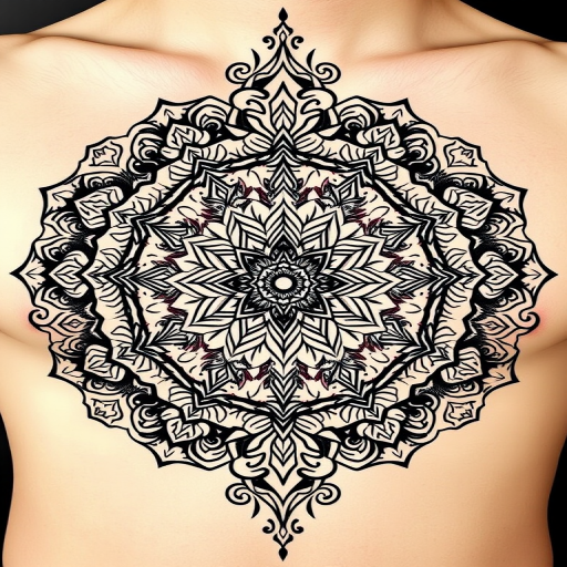 Elaborate ornamental "Mandala Fusion" tattoo design blending intricate floral patterns with geometric shapes and spiritual symbols creating a harmonious and symmetrical circular motif ideal for chest or back placements