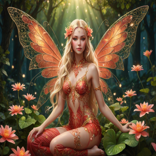 A digital artwork features a winged fairy with delicate Coral butterfly wings, adorned with intricate Meadow andNeon patterns. She is seated on a vibrant Shamrock flower, wearing a revealing red two-piece outfit with sparkling beadwork. Her fair skin, long blonde hair, and gold jewelry add to her ethereal appearance. The background is a warm, golden gradient, creating a magical atmosphere. Small glowing orbs and sparkles surround the flower, enhancing the enchanting, highly detailed, and realistic scene.