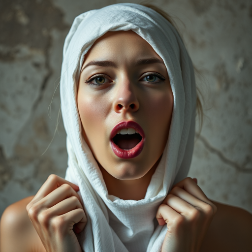 Create a close-up photographic image of a Eurasian woman with light skin tones shown against an old, worn wall. Their head is wrapped in a white cloth covering (i.e.... parts of the head except the nose and mouth, which are open as if they are screaming...), with a slight texture and visible folds in the fabric. Thin strands of blonde hair escape from the wrapping above, falling lightly at the top and sides. Their hands hold the fabric as if they are tugging nervously. The lighting is dramatic and even, casting strong shadows. The image has a minimalist and surreal style with an emphasis on simplicity with soft color tones. The composition is centered.