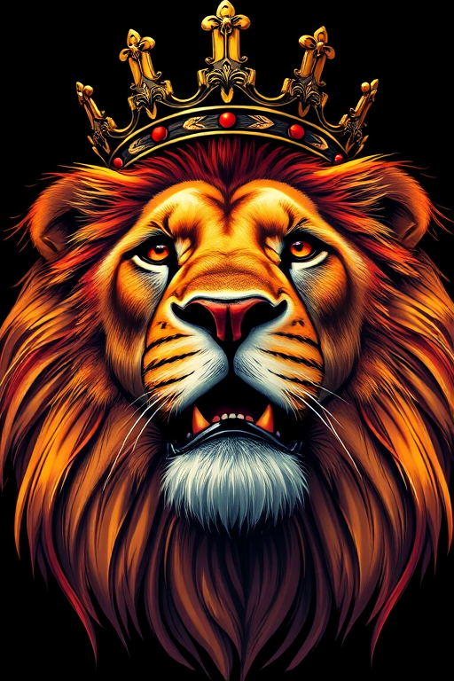 Create a hyper-realistic illustration of a lion's head with a majestic crown, shot from a low-angle perspective, using a DSLR camera with a 50mm lens at f/1.8, ISO 100, and a 1/200s shutter speed, in vibrant colors and intricate details to enhance texture and depth.