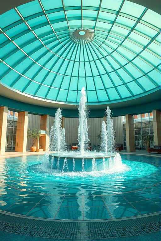 high-resolution 3D rendering of a modern water feature under a green dome, soft natural lighting, wide-angle lens, f/8 aperture, ISO 200, elevated perspective, DSLR camera