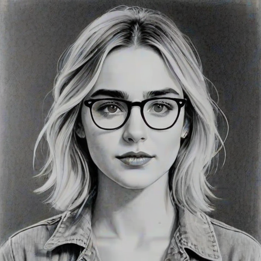 Attractive Katelyn Tarver, pencil sketch, portrait of Ravishing woman 1927s in glasses, hair style beatnik, outline, clear lines, fine lines, 8k