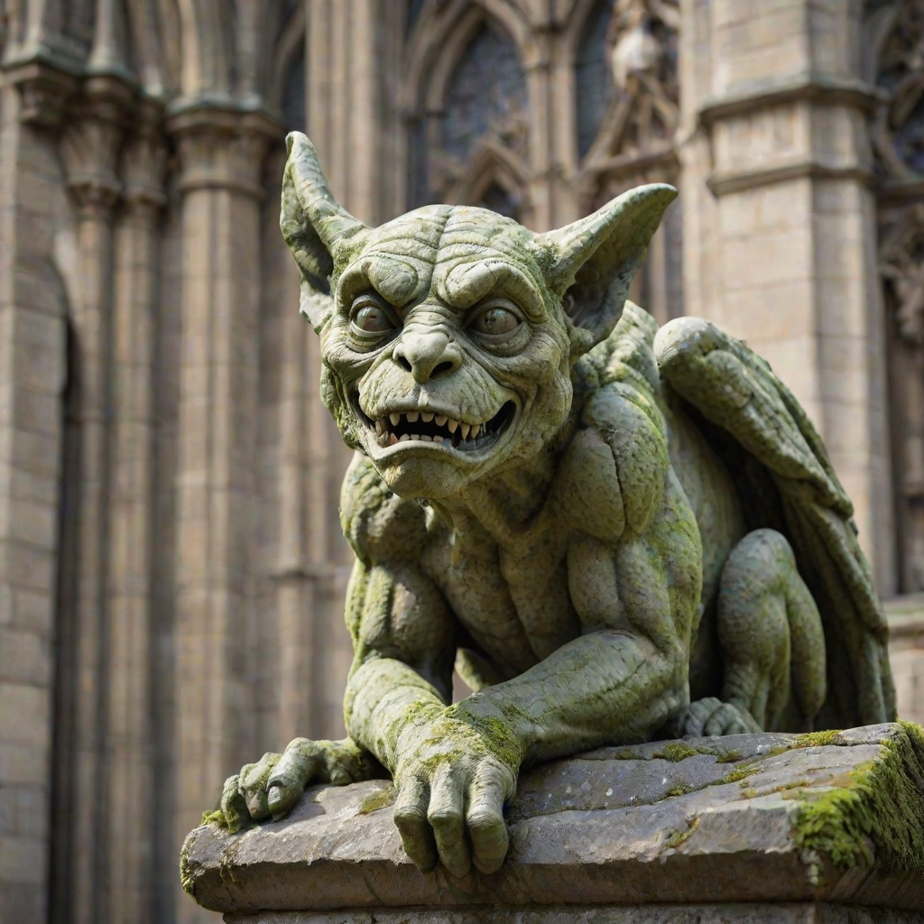 create an ultra-realistic and very detailed photograph of a very old stone gargoyle in a cathedral. the stone is a little worn, with some broken parts. cracks. moss. the background is a blurred image of the city. It includes shadows and contrasts to make the image more realistic