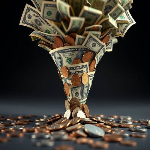 Create a high-resolution digital illustration of a tornado made of US dollar bills and coins, captured from a low angle with a wide aperture of f/2.8 to create a shallow depth of field, using a DSLR camera with a 50mm lens, in a well-lit studio setting to enhance vibrancy and detail.