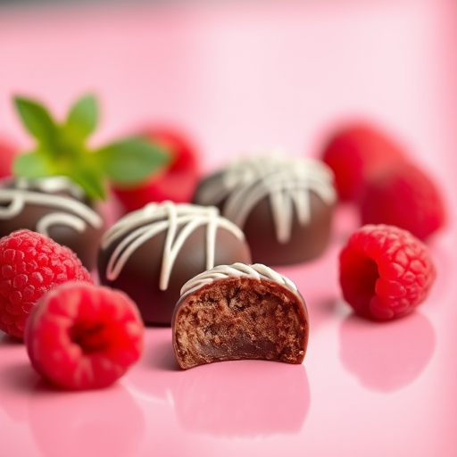 capture a close-up shot of assorted chocolate bonbons and fresh raspberries on a glossy pink surface, use a shallow depth of field with a 50mm lens at f/1.8, soft natural lighting, and a high-resolution DSLR camera