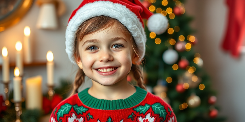 A smiling young girl wearing a red Santa hat and a festive Christmas sweater, with candles and a decorated tree in the background, captured using a DSLR camera with a 50mm lens, aperture set to f/1.8, ISO 200, natural lighting, shallow depth of field for a soft bokeh effect.