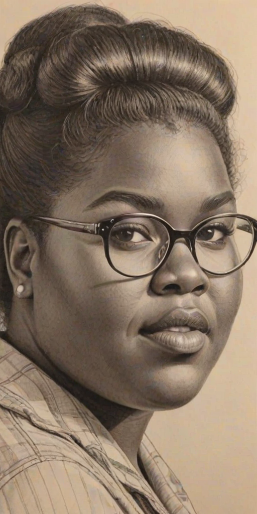 Appealing Gabourey Sidibe, pencil sketch, portrait of Wonderful woman 1940s in glasses, hair style beatnik, outline, clear lines, fine lines, 8k