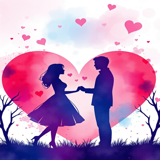 regenerate a romantic watercolor illustration of a couple silhouetted in a heart-shaped scene with vibrant colors of pink, blue, and purple, soft focus, standard lens, ISO 100, aperture f/4, shutter speed 1/100s, using a DSLR camera