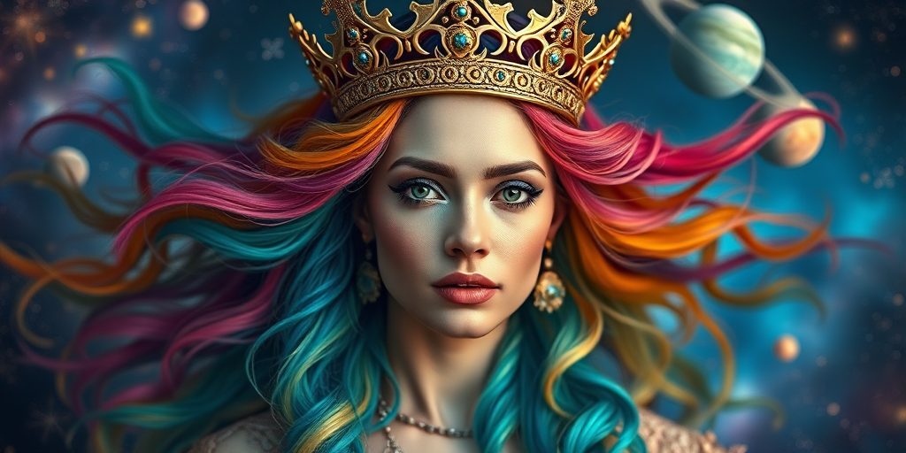 Create a portrait of a celestial queen with flowing, multicolored hair and an ornate crown, set against a vibrant cosmic background with stars and planets, using a 50mm lens, f/1.8 aperture, ISO 100, in soft natural light, with a slight bokeh effect to enhance depth and detail.