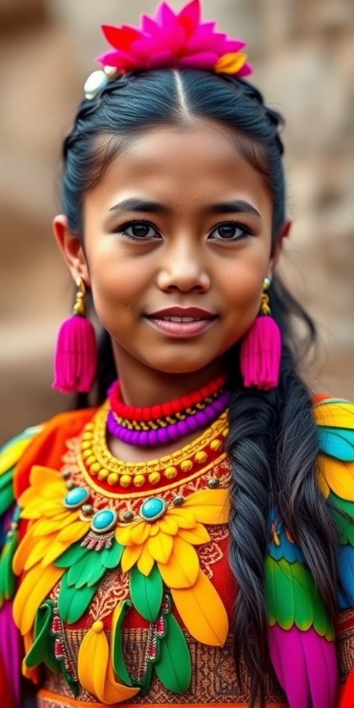 A beautiful Maya girl, wearing colorful bird clothing with vibrant colors