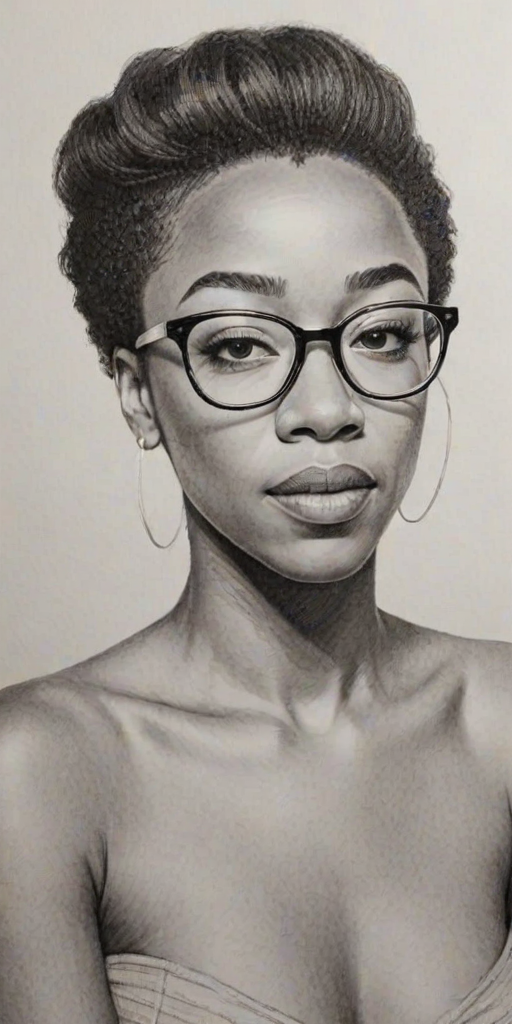Graceful Samira Wiley, pencil sketch, portrait of Resplendent woman 1967s in glasses, hair style beatnik, outline, clear lines, fine lines, 8k