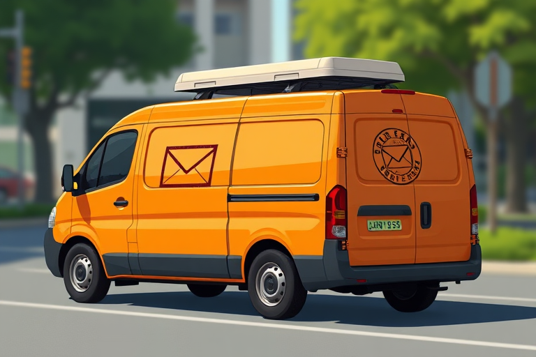 Create a detailed illustration of an orange delivery van with a stamped envelope logo on its side, using a DSLR camera with a 50mm lens, aperture set to f/2.8, ISO 100, and a shallow depth of field for a sharp focus, rendered in a digital art style.