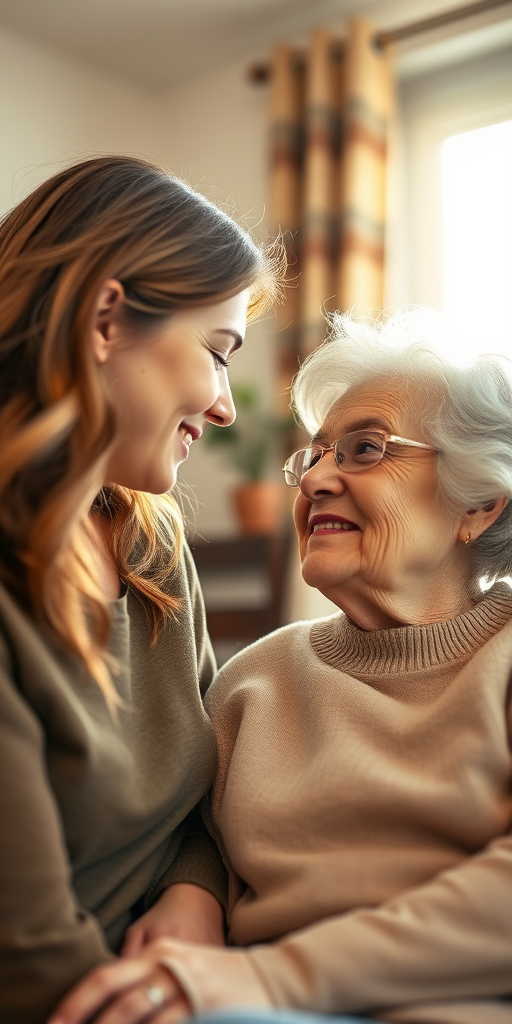 Create a warm and intimate portrait of a young woman and an older woman in a cozy living room, natural light streaming through a window, f/2.8 aperture, 50mm lens, ISO 200, soft focus background to enhance details on their faces, capturing a moment of connection and conversation.