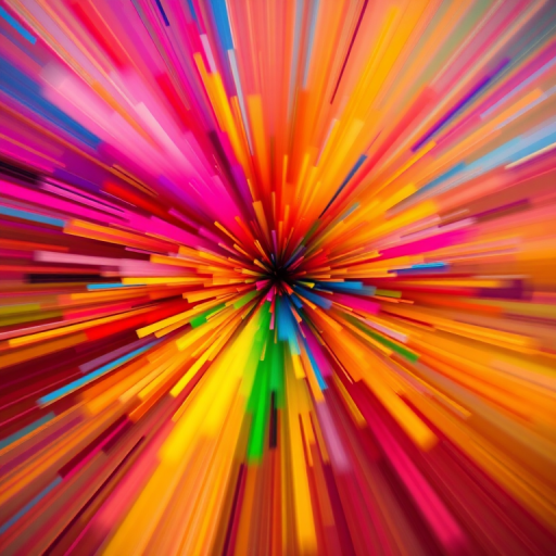 Create an abstract image of vibrant colors exploding outward with high saturation and contrast, using a DSLR camera, 24mm lens, f/2.8 aperture, ISO 100, 1/200s shutter speed, shot from a dynamic angle with a slight zoom effect to enhance depth and motion.