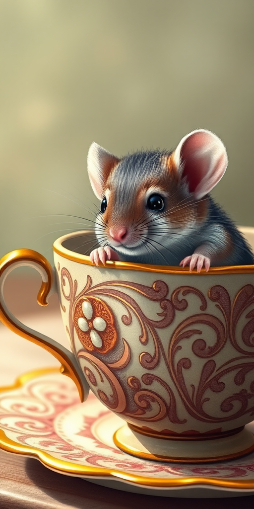 a realistic illustration of a small mouse peeking out of an intricately designed decorative teacup with swirling patterns, soft natural lighting, aperture f/2.8, ISO 100, 50mm lens, shooting from a slightly elevated angle for depth, capturing fine details in the mouse's fur and the patterns on the cup