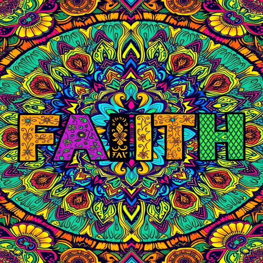 Create a vibrant, colorful illustration of the word "FAITH" filled with intricate patterns and designs, use a Canon EOS R5 with a 50mm lens, aperture set at f/2.8, ISO 100, focusing on vibrant colors, high saturation, and sharp details, top-down view for complex pattern visibility.