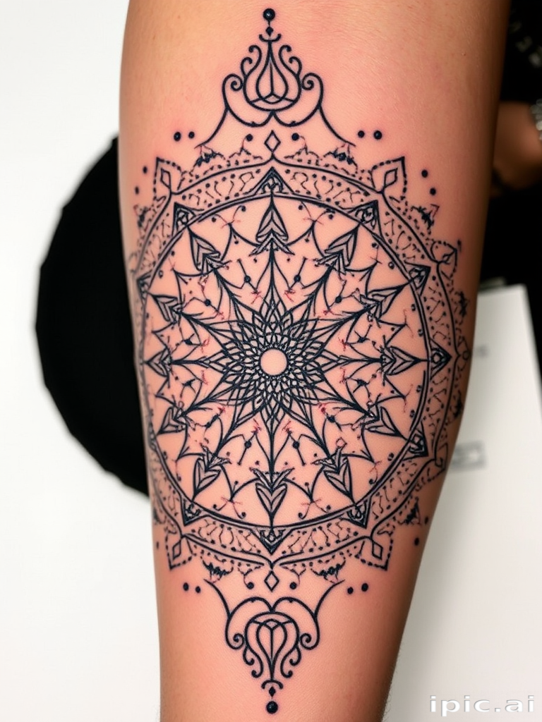 Dotwork mandala tattoo dubbed "Cosmic Constellation" using thousands of meticulously placed dots to form intricate circular patterns resembling celestial bodies and sacred geometry