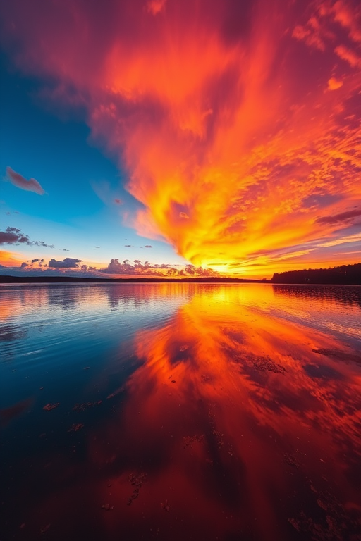 Regenerate a vibrant sunset over a serene lake with reflections on the water, captured with a Canon EOS R5, 24mm lens, f/8 aperture, ISO 100, 1/200 sec shutter speed, wide-angle view, high dynamic range, and vivid colors.