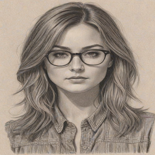 Radiant Scout Taylor-Compton, pencil sketch, portrait of Exquisite woman 1967s in glasses, hair style beatnik, outline, clear lines, fine lines, 8k
