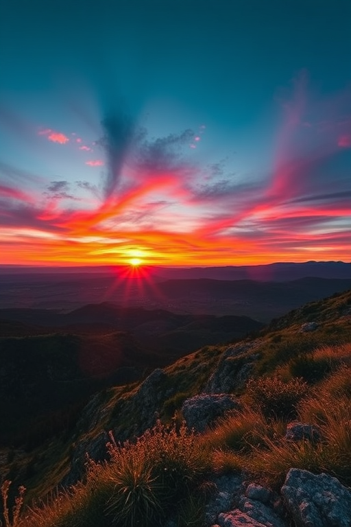 Create a high-resolution image of a picturesque landscape at sunset with vibrant colors, using a DSLR camera with an aperture of f/8, a shutter speed of 1/250s, and an ISO of 100, captured from a wide-angle view to enhance detail and depth.