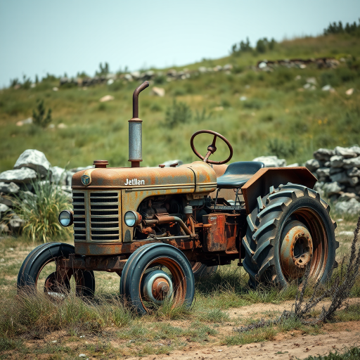 regenerate a high-resolution image of a rusty vintage tractor abandoned in a rural setting with overgrown grass and stones in the background, using a DSLR camera at f/8 aperture, ISO 100, 24mm lens, shot from a low angle and in natural light to highlight textures and details