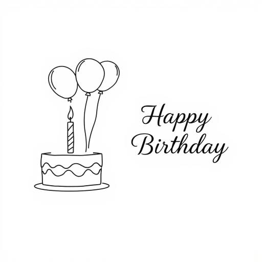 Create a simple line drawing of a birthday scene featuring a cake with a candle and three balloons on the left side with the text Happy Birthday elegantly styled on the right side against a plain white background.