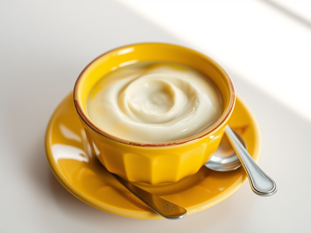 Create a high-resolution image of a yellow ceramic bowl filled with a creamy substance, placed on a matching saucer, with a silver spoon leaning against the bowl, shot with a DSLR camera at f/2.8 aperture, 50mm lens, and natural lighting to emphasize texture and color saturation.