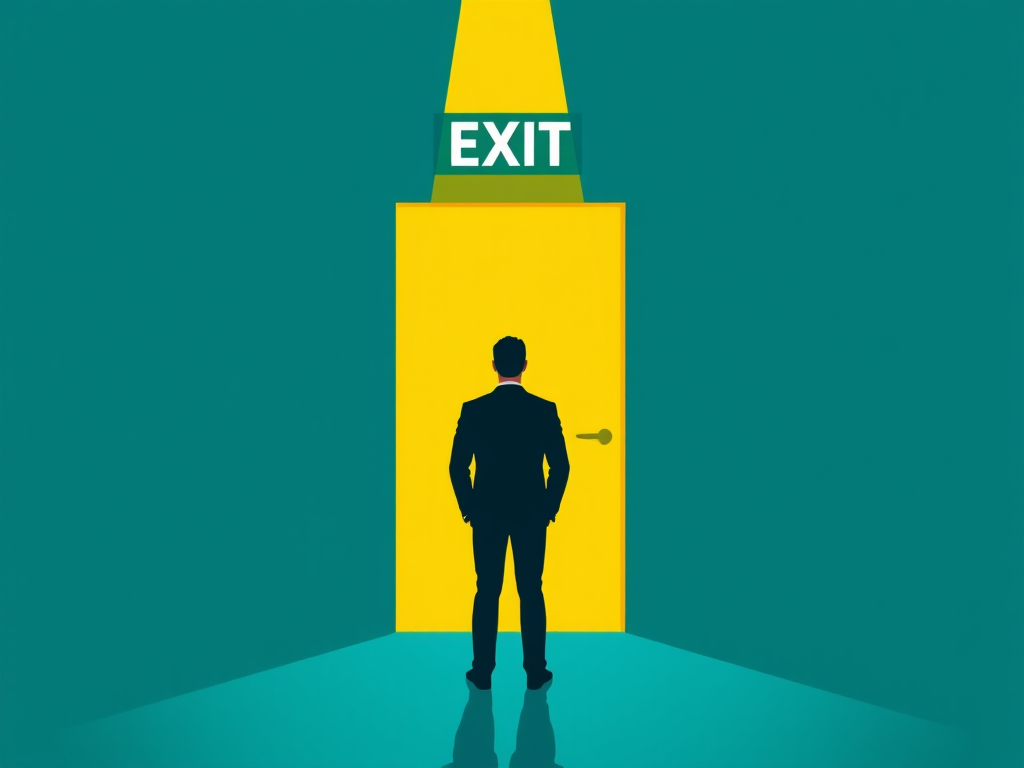 Create a minimalist illustration of a silhouette of a person in a suit standing in front of a brightly lit exit door labeled "EXIT," with a bold yellow light beam leading to the door, background in deep teal and cyan colors, taking the image with a Canon EOS R5, 50mm lens, f/1.8 aperture, ISO 100, ensuring sharp focus and high dynamic range.