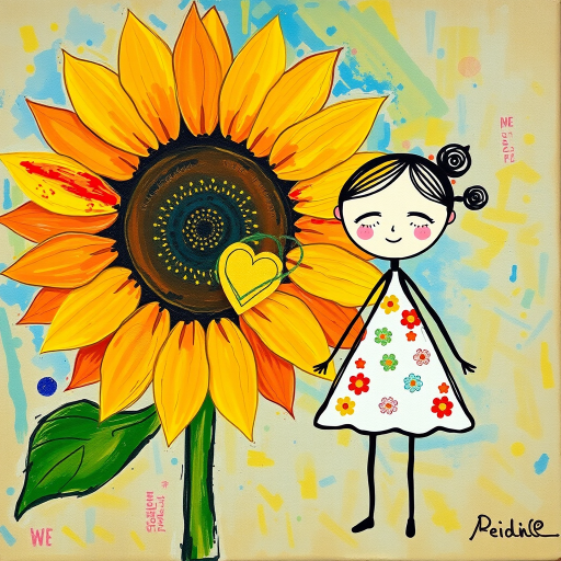 Stylized impressionism painting of a large sunflower with an oversized center and colorful petals. Beside, a young female character with eyes represented by dots and a mouth by a line, pink cheeks, hair attached, arms and legs a black line, flowery white dress triangle shape. A yellow heart surrounded by a black line between the two. Textured background with touches of colorful paint. Childish style.