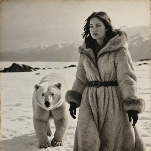 A very old photograph in black and white. The photo is badly damaged, faded, with scratches, tears, smudges and dirt. The photo is ultra-realistic and very detailed. It's a picture of an Arctic warrior. She is walking serenely towards the camera. At her side walks a majestic polar bear. Its fur shines in the sunlight. Snow, ice, sea. wind. snow in the air.