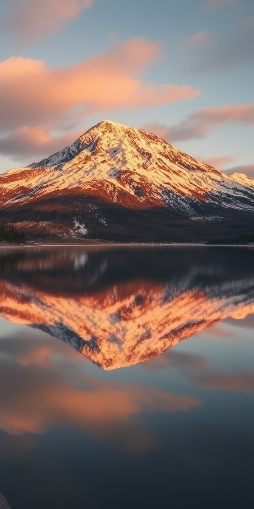 Capture a high-resolution image of a snow-covered mountain reflecting in calm waters, with a wide-angle lens, f/8 aperture, ISO 100, 1/250 sec shutter speed, taken with a DSLR camera during golden hour for enhanced lighting and colors.