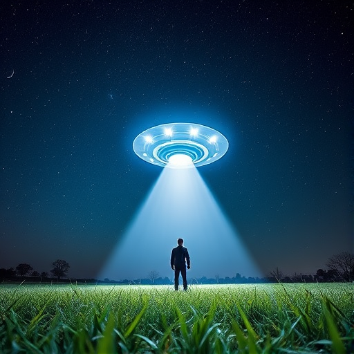 Create a high-resolution image of a UFO beaming up a figure from a grassy field under a starry night sky with a visible planet in the background, captured with a DSLR camera at f/2.8, ISO 800, 30-second exposure, wide-angle lens, and a low-angle view for dramatic effect.
