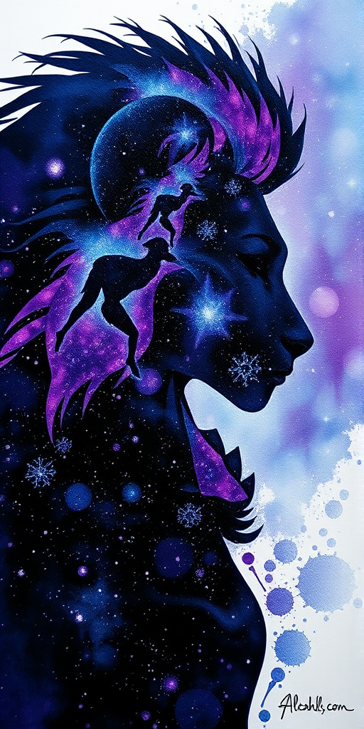 Captivating conceptual render alcohol ink art, double exposure, the paint strokes artfully merge combining a woman's full silhouette with a Ladybug crawl's silhouette. The figures are composed of a series of colored dots, lines & spots that evoke the image of a cosmic galaxy, colors are deep shades of blue purple & black with flashes of white & silver representing distant stars. The woman's silhouette is formed within the lion's silhouette from constellations of scattered stars, surreal